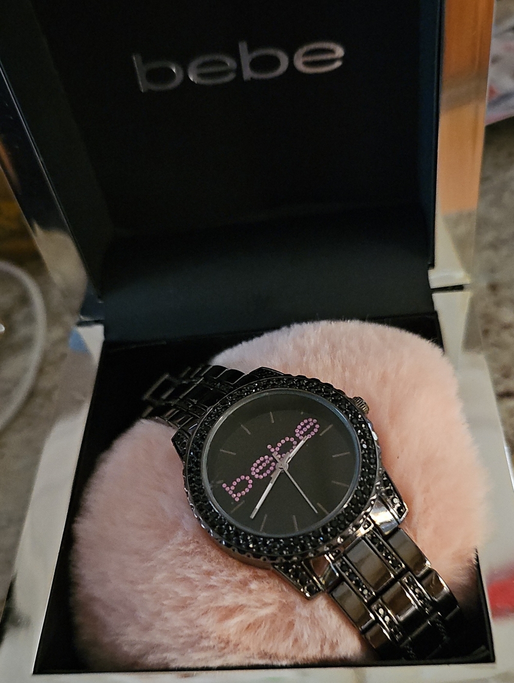 bebe Black Bracelet Watch with Pink Crystal Logo